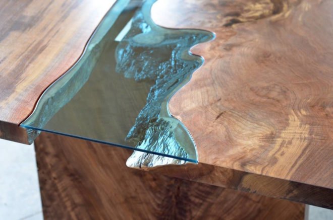 River Collection by Greg Klassen, Furniture by Greg Klassen, Greg Klassen contemporary design, river table, river glass table, lake glass table, reclaimed wood furniture