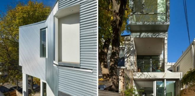 Aleph Bau, twelve tacoma, aluminum cladding, aluminum exterior, toronto row homes, modern architecture, aluminum home exterior, building materials, home design, interio design, minimalist interior design, toronto architecture, modern home design,