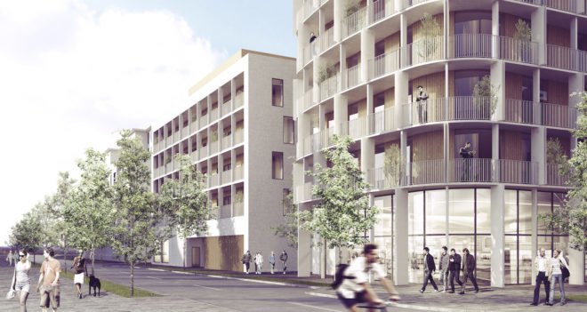Vasteras skyscraper by CF Moller, solar powered tower, solar powered mixed-use buildings, green roofed high rises in Sweden, Swedish tall architecture, Swedish energy efficient architecture, Västerås architecture, Västerås residential tower, Riksbyggen architecture competition