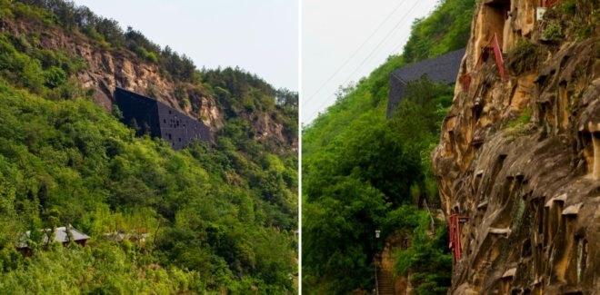 Qianfoya Cliff Inscriptions, Qianfo Cliff, Guangyuan, Sichuan Province cliffs, conservation architecture, cliff inscriptions, cliff shelters china, ancient cliff inscriptions china, landscape architecture, cliff conservation, parasitic architecture, Architectural Design and Research Institute of Tsinghua University, protective shelters,