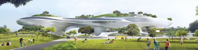 Lucas Museum of Narrative Art, george lucas, george lucas museum, MAD architects, Lucas Museum, art museums, lucas art museum, film museums, modern art musuems, museum design, star wars exhibitions, los angeles museums, green space, green roof, futuristic architecture,