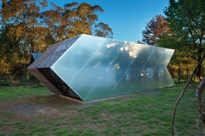 PH Architects, Nervegna Reed Architecture, Arrow Studio, art studio australia, australian architecture, art gallery design, arrow art gallery, Hanging Rock in Victoria, victoria art gallery, art studio hanging rock, timber art gallery, timber building material, green buildings, art buildings, mirrored buildings, brick veneer, garden shed, garden art gallery