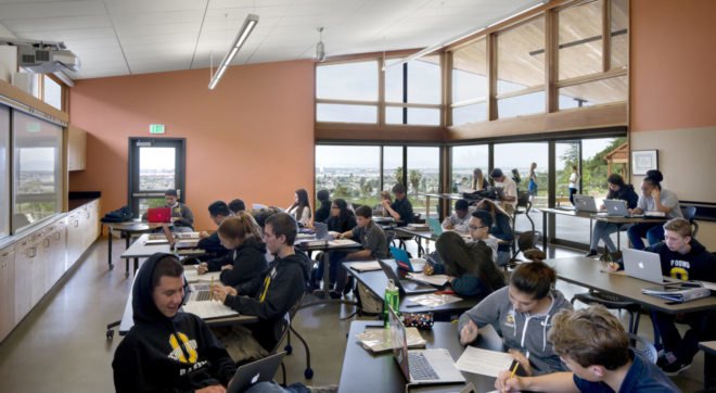 Center for Environmental Studies (CES), Bishop O’Dowd high school, California, green classroom, green school, LEED Platinum, Zero Net Energy, Siegel & Strain Architects, green architecture, rainwater harvesting, natural materials, recycled materials, double glazing, solar gain