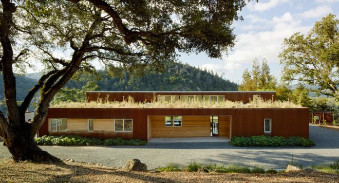 Cloverdale Residence, Turnbull Griffin Haesloop Architects, solar-powered house, California, porch, reused timber, reclaimed wood, green architecture, small footprint, solar array, solar panels, heat pump, timber cladding