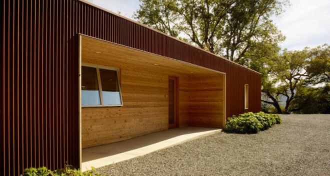 Cloverdale Residence, Turnbull Griffin Haesloop Architects, solar-powered house, California, porch, reused timber, reclaimed wood, green architecture, small footprint, solar array, solar panels, heat pump, timber cladding