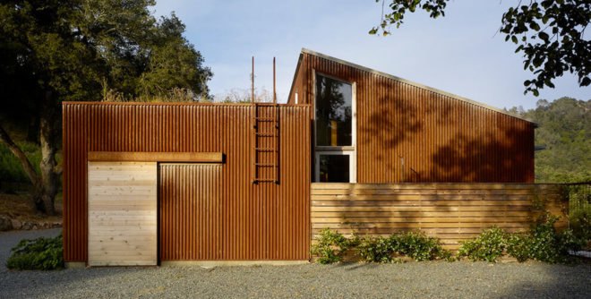 Cloverdale Residence, Turnbull Griffin Haesloop Architects, solar-powered house, California, porch, reused timber, reclaimed wood, green architecture, small footprint, solar array, solar panels, heat pump, timber cladding