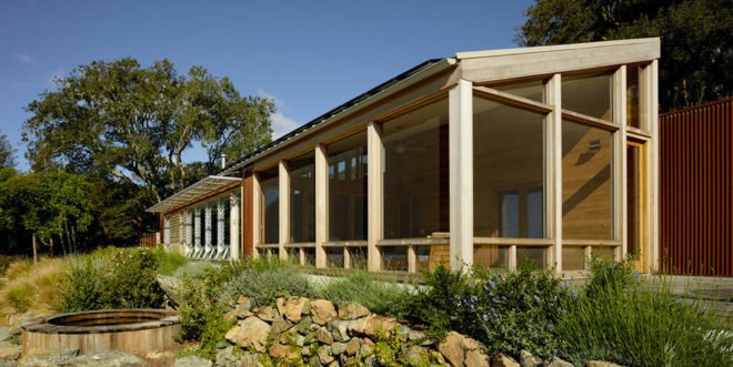 Cloverdale Residence, Turnbull Griffin Haesloop Architects, solar-powered house, California, porch, reused timber, reclaimed wood, green architecture, small footprint, solar array, solar panels, heat pump, timber cladding