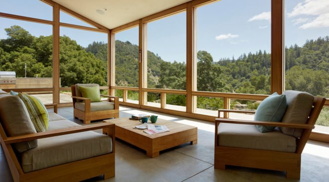 Cloverdale Residence, Turnbull Griffin Haesloop Architects, solar-powered house, California, porch, reused timber, reclaimed wood, green architecture, small footprint, solar array, solar panels, heat pump, timber cladding