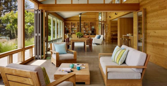 Cloverdale Residence, Turnbull Griffin Haesloop Architects, solar-powered house, California, porch, reused timber, reclaimed wood, green architecture, small footprint, solar array, solar panels, heat pump, timber cladding