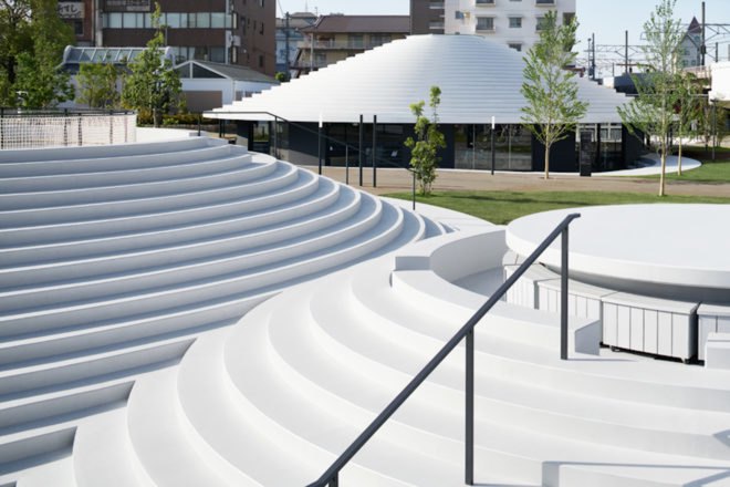 CoFuFun by Nendo, CoFuFun plaza, CoFuFun Japan, CoFuFun Tenri Station, Tenri station plaza, Cofun, ancient Japanese tombs, nendo public space, nendo design, nendo urban design, multirpurpose plaza design, precast white concrete,
