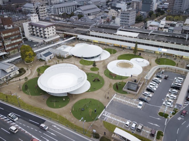 CoFuFun by Nendo, CoFuFun plaza, CoFuFun Japan, CoFuFun Tenri Station, Tenri station plaza, Cofun, ancient Japanese tombs, nendo public space, nendo design, nendo urban design, multirpurpose plaza design, precast white concrete,