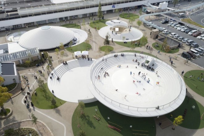 CoFuFun by Nendo, CoFuFun plaza, CoFuFun Japan, CoFuFun Tenri Station, Tenri station plaza, Cofun, ancient Japanese tombs, nendo public space, nendo design, nendo urban design, multirpurpose plaza design, precast white concrete,