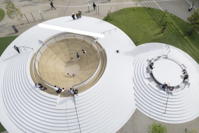 CoFuFun by Nendo, CoFuFun plaza, CoFuFun Japan, CoFuFun Tenri Station, Tenri station plaza, Cofun, ancient Japanese tombs, nendo public space, nendo design, nendo urban design, multirpurpose plaza design, precast white concrete,