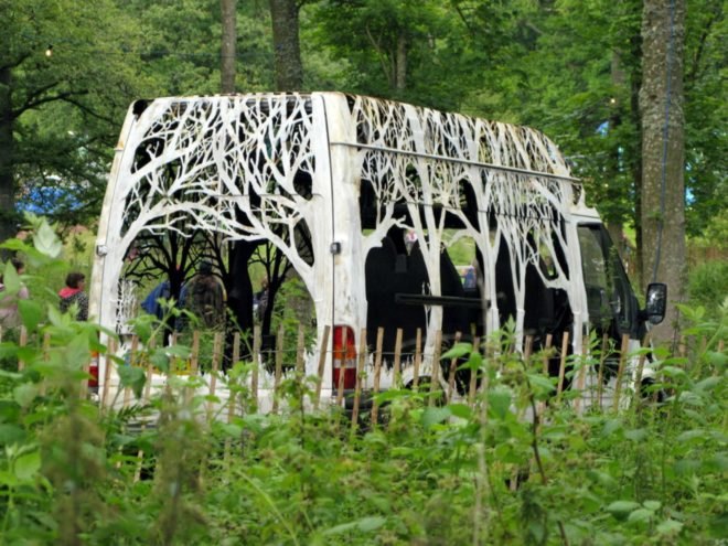 Dan Rawlings, Nature Delivers, art, van art, nature-inspired art, forest art, street sign art, urban art, vehicle art, Lost Eden festival, metal sculpture, art sculpture, metal cutting art, repurposed vans, urban artists, graffiti art,