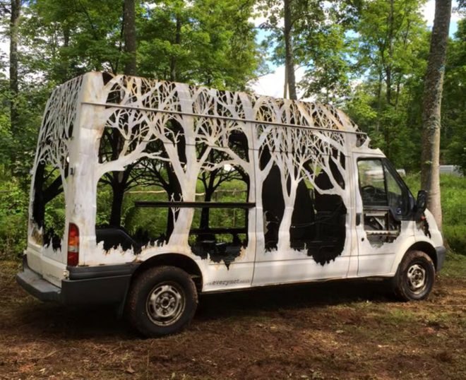 Dan Rawlings, Nature Delivers, art, van art, nature-inspired art, forest art, street sign art, urban art, vehicle art, Lost Eden festival, metal sculpture, art sculpture, metal cutting art, repurposed vans, urban artists, graffiti art,