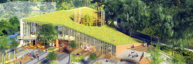 Bergsjön kulturhus, Sweco Architects, green roof, cultural center, Sweden, Gothenburg, green architecture, glass facade, atrium, public spaces, public square