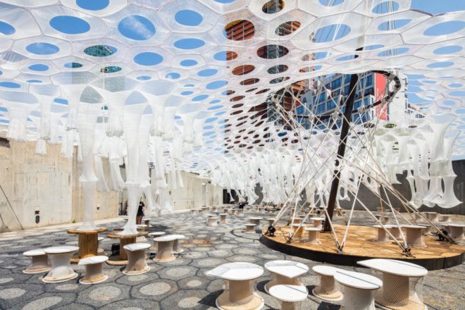 Lumen by Jenny Sabin Studio, Lumen at MoMA PS1, YAP 2017 winner, Warm Up installation MoMA, MOMA Warm Up, Lumen YAP 2017, Young Architects Program MoMA, MoMA PS1 summer installation, Lumen in NYC, Lumen canopy, Lumen art,