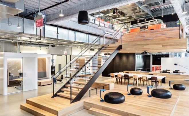 Nike New York Headquarters, Nike New York City, Nike and Miniwiz, Nike NYC headquarters, indoor basketball court in office, office VW van, creative open plan office,