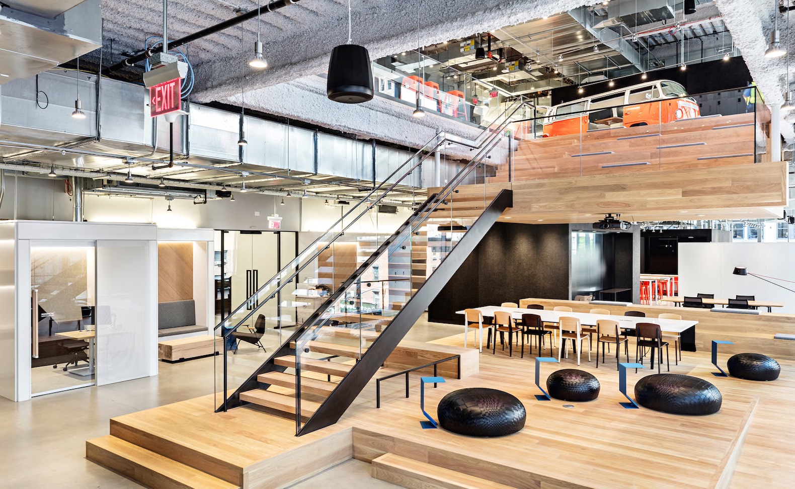 Nike New York Headquarters, Nike New York City, Nike and Miniwiz, Nike NYC headquarters, indoor basketball court in office, office VW van, creative open plan office,
