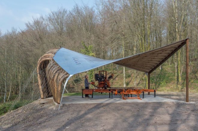 Sawmill Shelter in Hooke Park, timber in tension, tension timber pavilion, tension timber architecture, Sawmill Shelter by Design + Make, Sawmill Shelter by Architectural Association. Architectural Association Design + Make project, Hooke Park projects, anticlastic roof