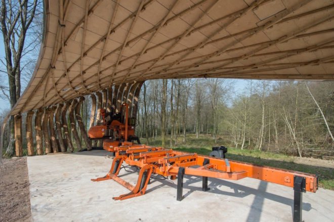 Sawmill Shelter in Hooke Park, timber in tension, tension timber pavilion, tension timber architecture, Sawmill Shelter by Design + Make, Sawmill Shelter by Architectural Association. Architectural Association Design + Make project, Hooke Park projects, anticlastic roof