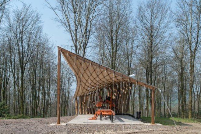 Sawmill Shelter in Hooke Park, timber in tension, tension timber pavilion, tension timber architecture, Sawmill Shelter by Design + Make, Sawmill Shelter by Architectural Association. Architectural Association Design + Make project, Hooke Park projects, anticlastic roof