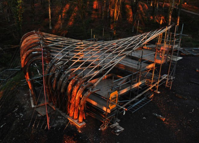 Sawmill Shelter in Hooke Park, timber in tension, tension timber pavilion, tension timber architecture, Sawmill Shelter by Design + Make, Sawmill Shelter by Architectural Association. Architectural Association Design + Make project, Hooke Park projects, anticlastic roof