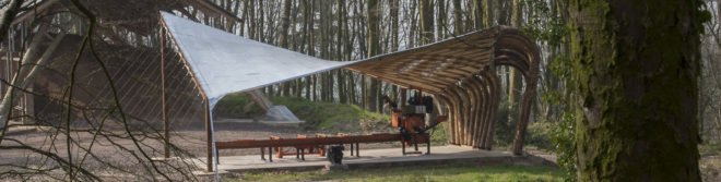 Sawmill Shelter in Hooke Park, timber in tension, tension timber pavilion, tension timber architecture, Sawmill Shelter by Design + Make, Sawmill Shelter by Architectural Association. Architectural Association Design + Make project, Hooke Park projects, anticlastic roof