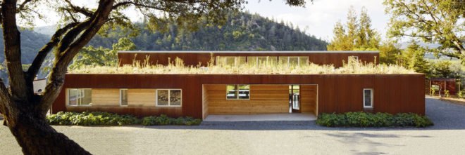 Cloverdale Residence, Turnbull Griffin Haesloop Architects, solar-powered house, California, porch, reused timber, reclaimed wood, green architecture, small footprint, solar array, solar panels, heat pump, timber cladding