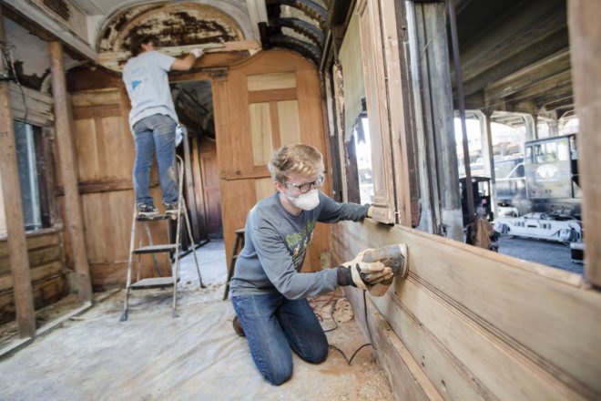 Train car restoration by SCAD students, historic preservation at SCAD, restoration construction SCAD, preservation restoration SCAD, train car restoration process, SCAD Museum of Art