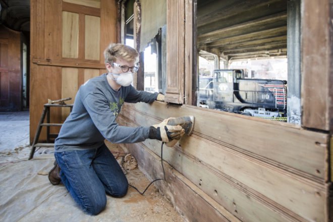 Train car restoration by SCAD students, historic preservation at SCAD, restoration construction SCAD, preservation restoration SCAD, train car restoration process, SCAD Museum of Art