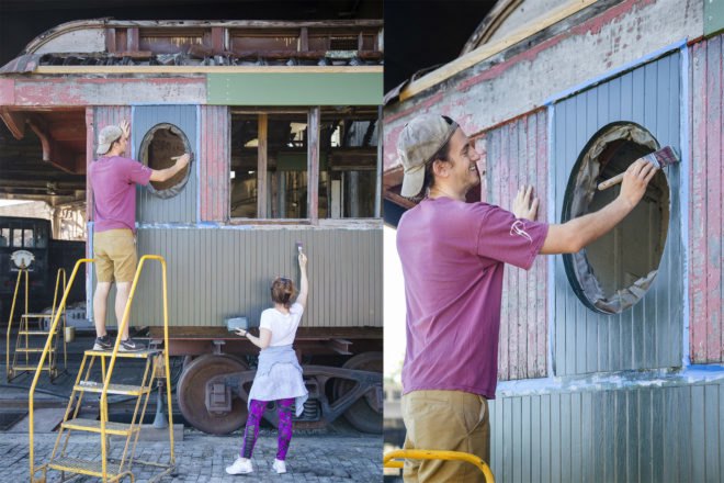 Train car restoration by SCAD students, historic preservation at SCAD, restoration construction SCAD, preservation restoration SCAD, train car restoration process, SCAD Museum of Art