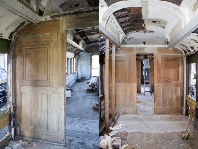 Train car restoration by SCAD students, historic preservation at SCAD, restoration construction SCAD, preservation restoration SCAD, train car restoration process, SCAD Museum of Art