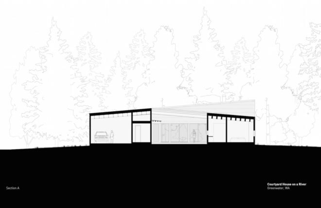 Courtyard House on a River by Robert Hutchison Architecture, Greenwater modern architecture, small home living movement, western red cedar clad home, Seattle retreat, zen like retreat,