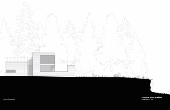 Courtyard House on a River by Robert Hutchison Architecture, Greenwater modern architecture, small home living movement, western red cedar clad home, Seattle retreat, zen like retreat,