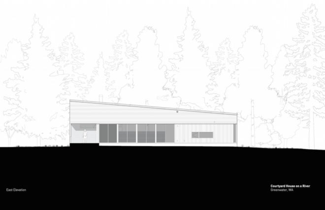 Courtyard House on a River by Robert Hutchison Architecture, Greenwater modern architecture, small home living movement, western red cedar clad home, Seattle retreat, zen like retreat,
