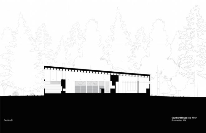 Courtyard House on a River by Robert Hutchison Architecture, Greenwater modern architecture, small home living movement, western red cedar clad home, Seattle retreat, zen like retreat,