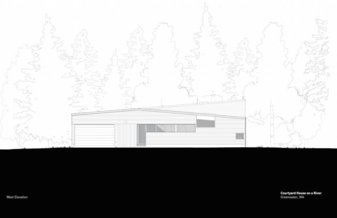 Courtyard House on a River by Robert Hutchison Architecture, Greenwater modern architecture, small home living movement, western red cedar clad home, Seattle retreat, zen like retreat,