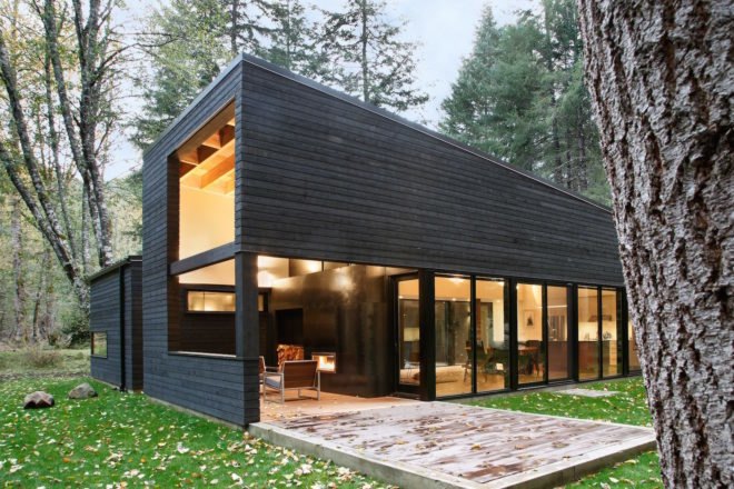 Courtyard House on a River by Robert Hutchison Architecture, Greenwater modern architecture, small home living movement, western red cedar clad home, Seattle retreat, zen like retreat, Crystal River Ranch House by Robert Hutchison Architecture