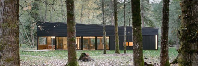 Courtyard House on a River by Robert Hutchison Architecture, Greenwater modern architecture, small home living movement, western red cedar clad home, Seattle retreat, zen like retreat, Crystal River Ranch House by Robert Hutchison Architecture