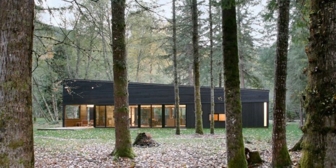 Courtyard House on a River by Robert Hutchison Architecture, Greenwater modern architecture, small home living movement, western red cedar clad home, Seattle retreat, zen like retreat, Crystal River Ranch House by Robert Hutchison Architecture