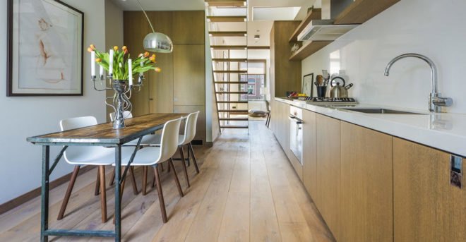 Deirdre Renniers, interior renovation, Amsterdam, space-saving furniture, green interior, open-plan layout, timber, flexible spaces