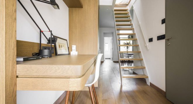 Deirdre Renniers, interior renovation, Amsterdam, space-saving furniture, green interior, open-plan layout, timber, flexible spaces