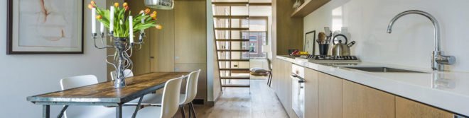 Deirdre Renniers, interior renovation, Amsterdam, space-saving furniture, green interior, open-plan layout, timber, flexible spaces
