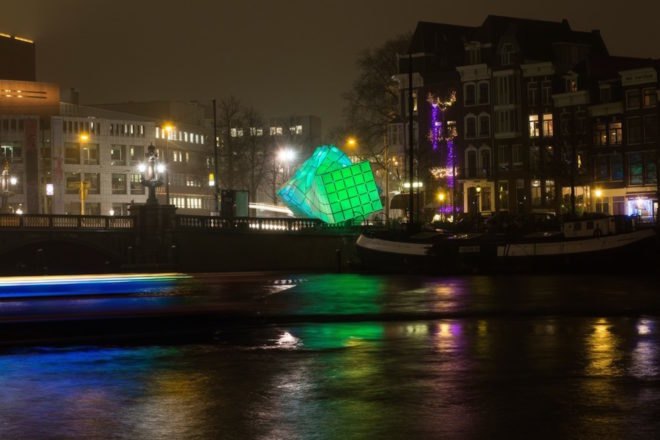 UNStudio and MDT-tex, Amsterdam Light Festival 2017, biomimetic pavilion design, Eye_Beacon in Amsterdam, Eye_Beacon by UNStudio and MDT-tex, Eye_Beacon light pavilion, Amstel River art, LED art sculpture, biomimicry in light installations