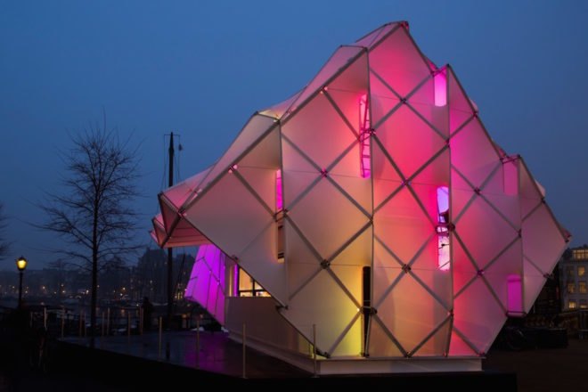 UNStudio and MDT-tex, Amsterdam Light Festival 2017, biomimetic pavilion design, Eye_Beacon in Amsterdam, Eye_Beacon by UNStudio and MDT-tex, Eye_Beacon light pavilion, Amstel River art, LED art sculpture, biomimicry in light installations