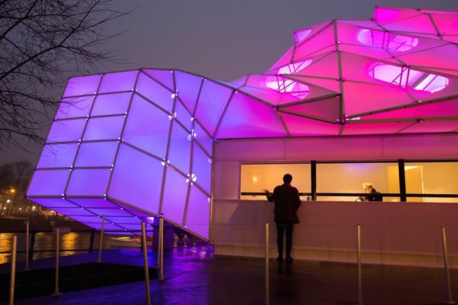 UNStudio and MDT-tex, Amsterdam Light Festival 2017, biomimetic pavilion design, Eye_Beacon in Amsterdam, Eye_Beacon by UNStudio and MDT-tex, Eye_Beacon light pavilion, Amstel River art, LED art sculpture, biomimicry in light installations