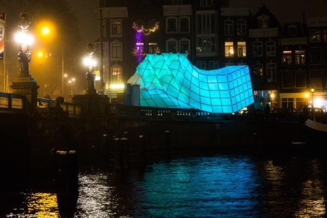 UNStudio and MDT-tex, Amsterdam Light Festival 2017, biomimetic pavilion design, Eye_Beacon in Amsterdam, Eye_Beacon by UNStudio and MDT-tex, Eye_Beacon light pavilion, Amstel River art, LED art sculpture, biomimicry in light installations