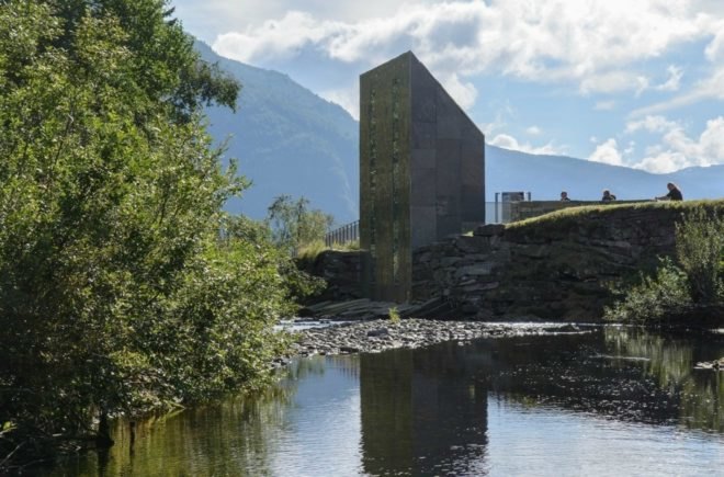 Fortunen AS, Østengen & Bergo, Skjervet waterfall architecture, Skjervet waterfall, landscape architecture, natural stone, waterfall structures, nature-inspired architecture, small spaces, tiny homes, tiny spaces, bathroom design, landscape design, green design,