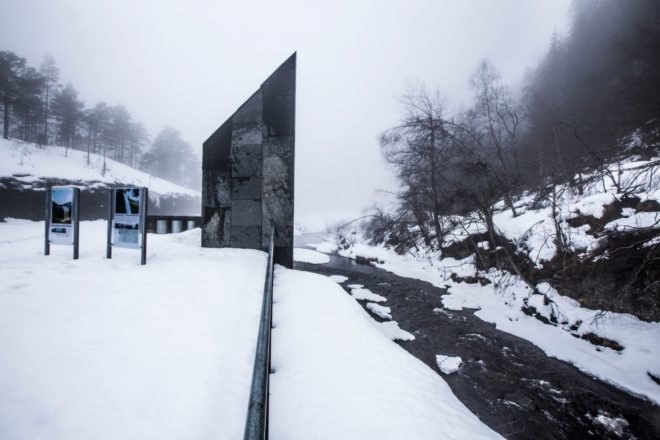 Fortunen AS, Østengen & Bergo, Skjervet waterfall architecture, Skjervet waterfall, landscape architecture, natural stone, waterfall structures, nature-inspired architecture, small spaces, tiny homes, tiny spaces, bathroom design, landscape design, green design,